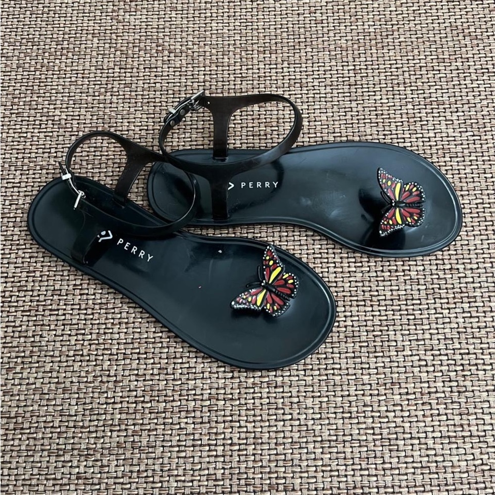 Sperry Black Jelly Sandals with Multicolor Butterfly Accent Size 8